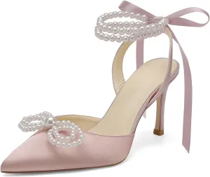 Hyinlays Women's High Heels Closed Toe Pearls Bow Heels Slingback Ankle Strap Pumps Wedding Bridal Party Dress Shoes Stiletto Sandals