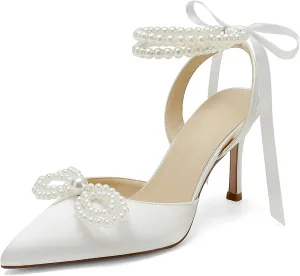 Hyinlays Women's High Heels Closed Toe Pearls Bow Heels Slingback Ankle Strap Pumps Wedding Bridal Party Dress Shoes Stiletto Sandals