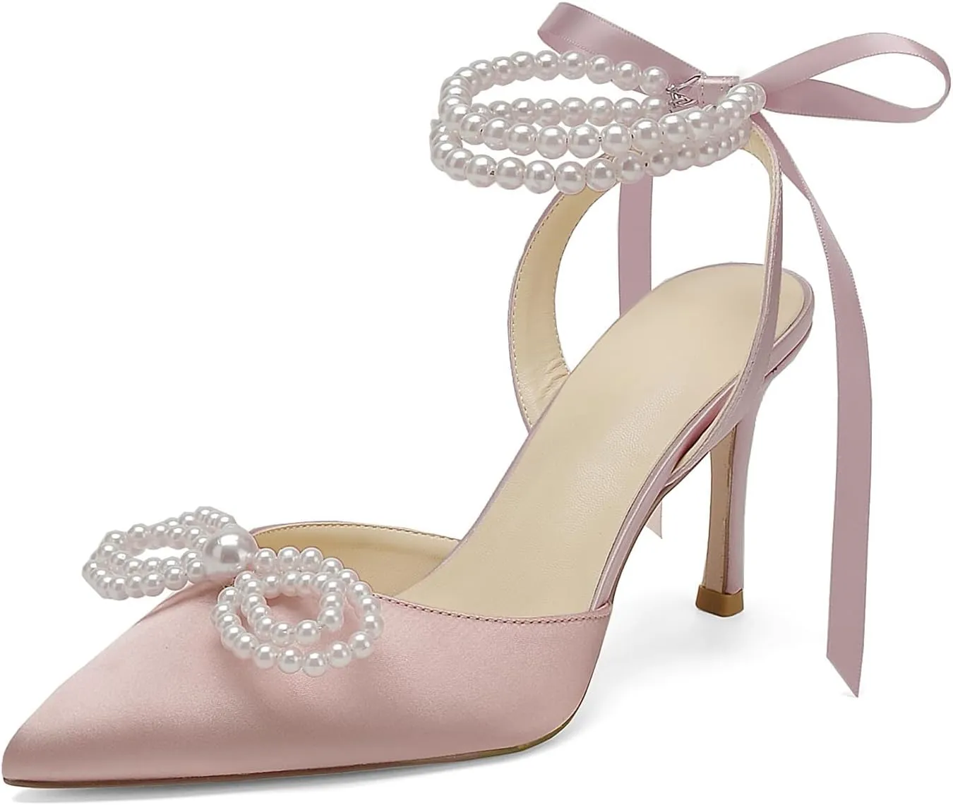 Hyinlays Women's High Heels Closed Toe Pearls Bow Heels Slingback Ankle Strap Pumps Wedding Bridal Party Dress Shoes Stiletto Sandals