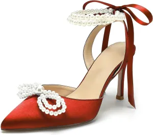 Hyinlays Women's High Heels Closed Toe Pearls Bow Heels Slingback Ankle Strap Pumps Wedding Bridal Party Dress Shoes Stiletto Sandals