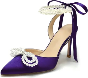Hyinlays Women's High Heels Closed Toe Pearls Bow Heels Slingback Ankle Strap Pumps Wedding Bridal Party Dress Shoes Stiletto Sandals