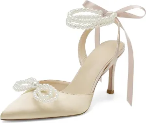 Hyinlays Women's High Heels Closed Toe Pearls Bow Heels Slingback Ankle Strap Pumps Wedding Bridal Party Dress Shoes Stiletto Sandals