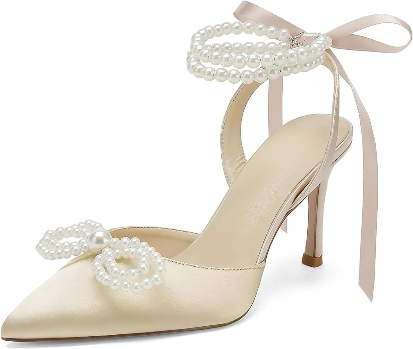 Hyinlays Women's High Heels Closed Toe Pearls Bow Heels Slingback Ankle Strap Pumps Wedding Bridal Party Dress Shoes Stiletto Sandals