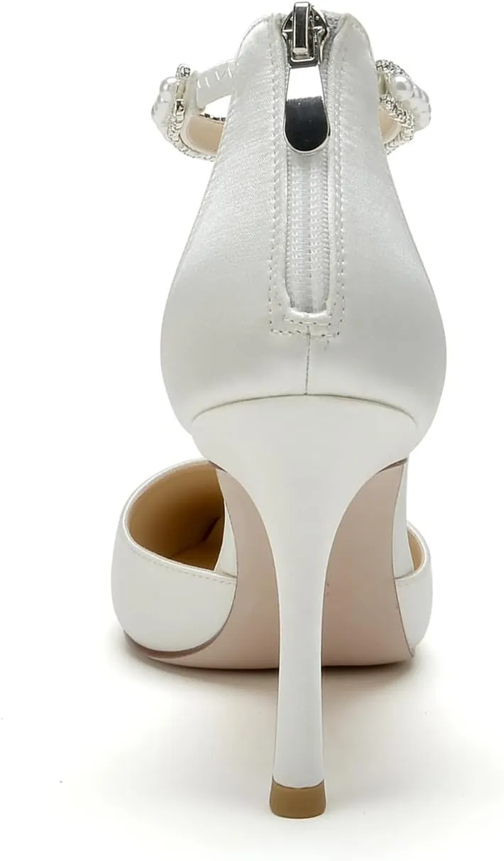Hyinlays Women's High Heels Pearls Satin Closed Toe Stiletto Ankle Strap Pointed Toe Prom Evening Wedding Party Dress Pumps Shoes