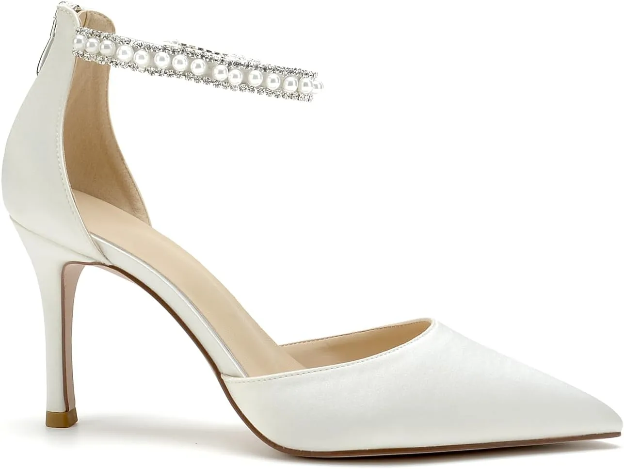 Hyinlays Women's High Heels Pearls Satin Closed Toe Stiletto Ankle Strap Pointed Toe Prom Evening Wedding Party Dress Pumps Shoes