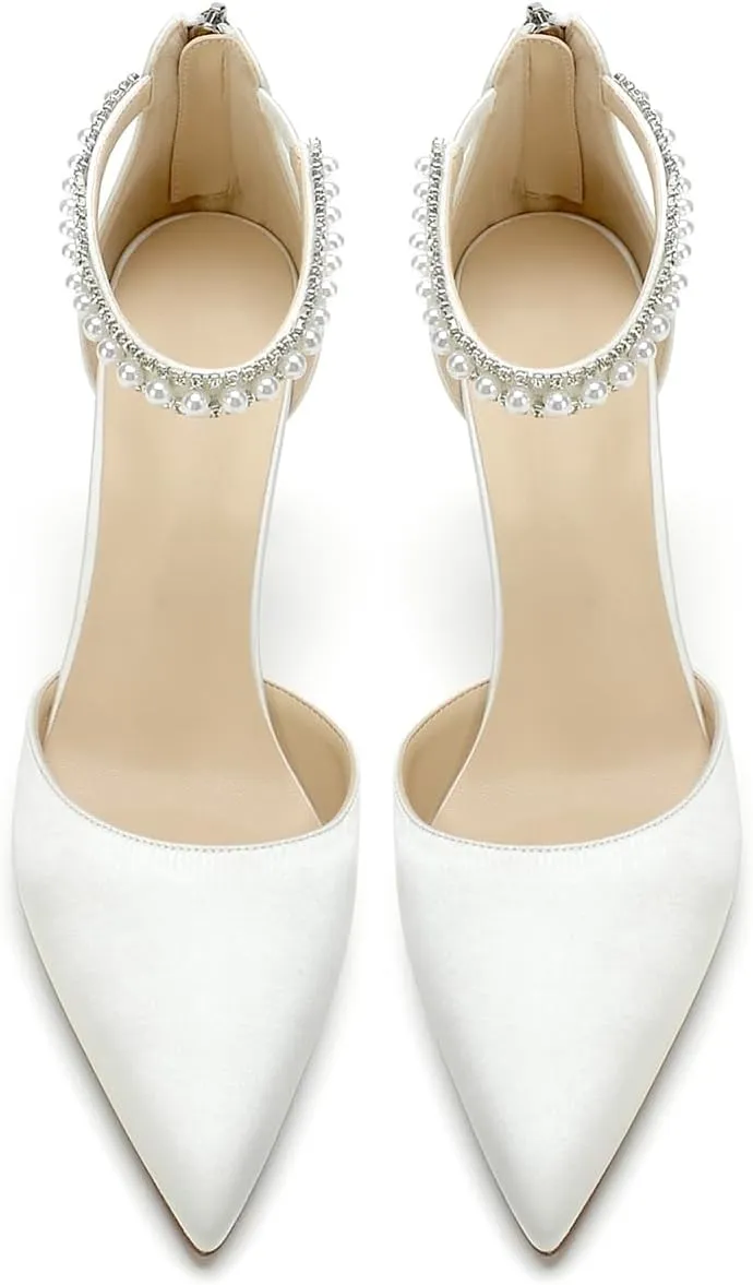 Hyinlays Women's High Heels Pearls Satin Closed Toe Stiletto Ankle Strap Pointed Toe Prom Evening Wedding Party Dress Pumps Shoes