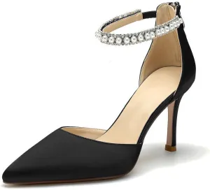Hyinlays Women's High Heels Pearls Satin Closed Toe Stiletto Ankle Strap Pointed Toe Prom Evening Wedding Party Dress Pumps Shoes