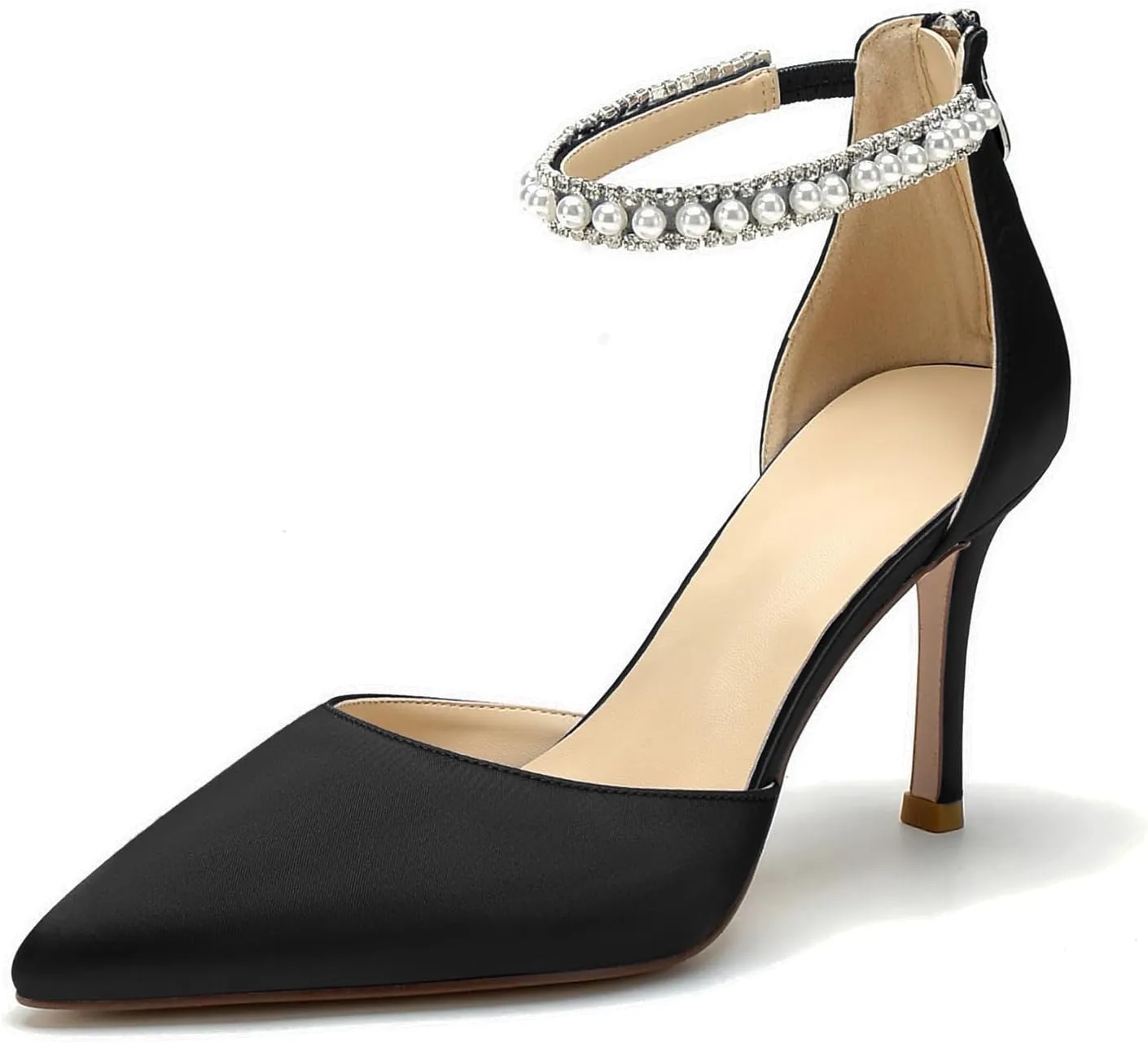 Hyinlays Women's High Heels Pearls Satin Closed Toe Stiletto Ankle Strap Pointed Toe Prom Evening Wedding Party Dress Pumps Shoes