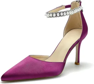 Hyinlays Women's High Heels Pearls Satin Closed Toe Stiletto Ankle Strap Pointed Toe Prom Evening Wedding Party Dress Pumps Shoes