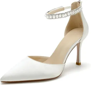 Hyinlays Women's High Heels Pearls Satin Closed Toe Stiletto Ankle Strap Pointed Toe Prom Evening Wedding Party Dress Pumps Shoes