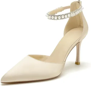 Hyinlays Women's High Heels Pearls Satin Closed Toe Stiletto Ankle Strap Pointed Toe Prom Evening Wedding Party Dress Pumps Shoes