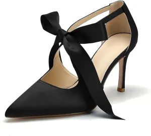 Hyinlays Women's High Heels Satin Pointed Toe Pumps Mary Jane Heels Evening Wedding Party Dress Pump Shoes