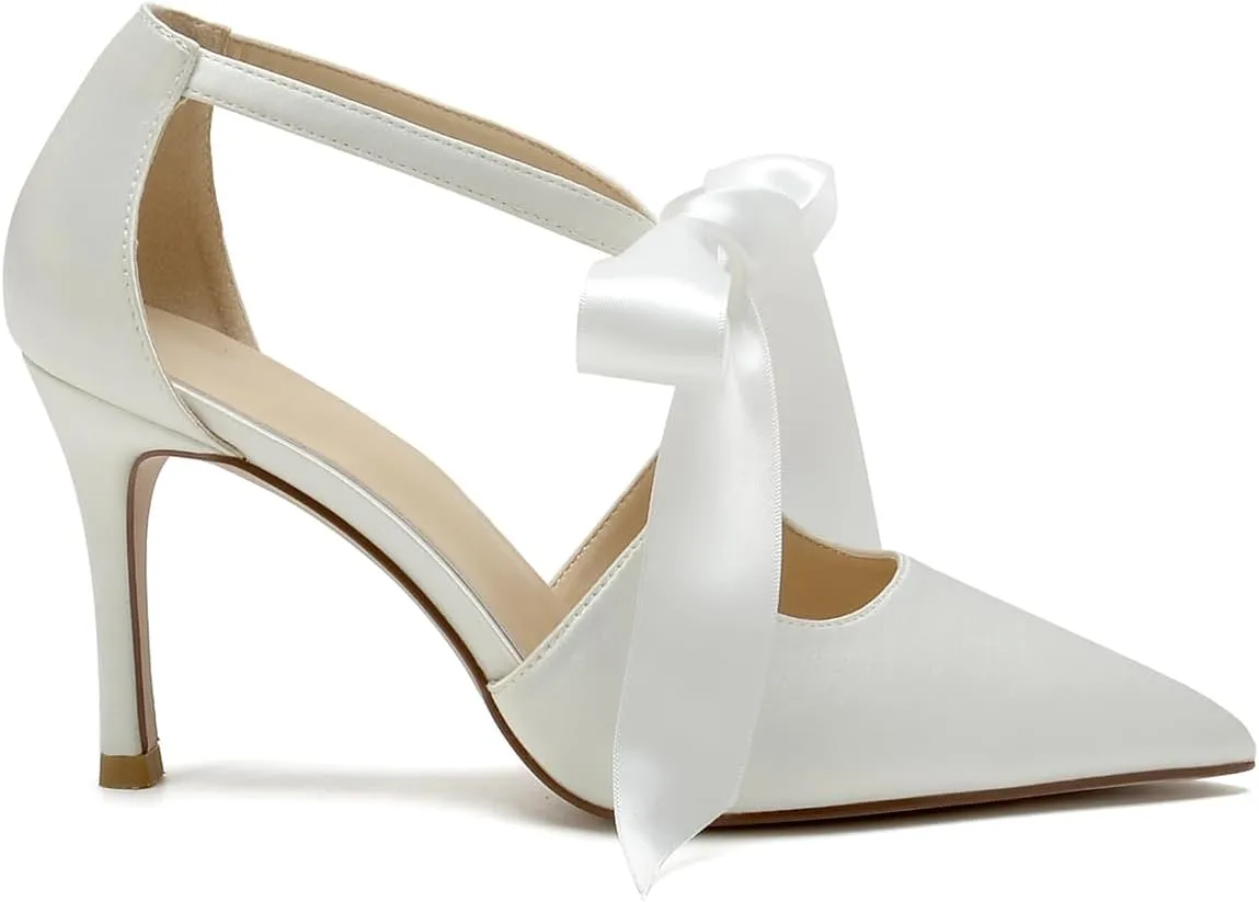 Hyinlays Women's High Heels Satin Pointed Toe Pumps Mary Jane Heels Evening Wedding Party Dress Pump Shoes