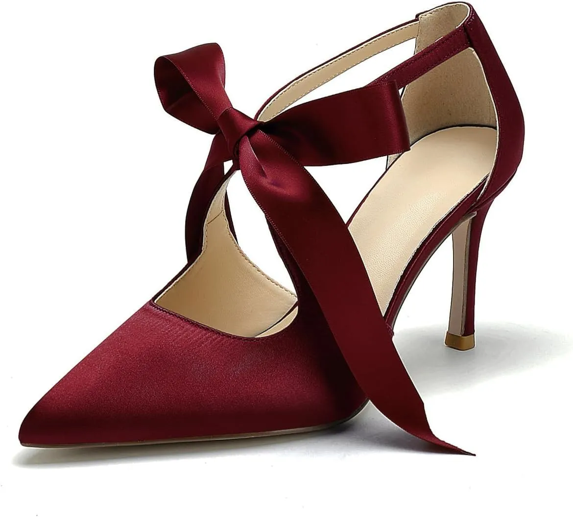 Hyinlays Women's High Heels Satin Pointed Toe Pumps Mary Jane Heels Evening Wedding Party Dress Pump Shoes