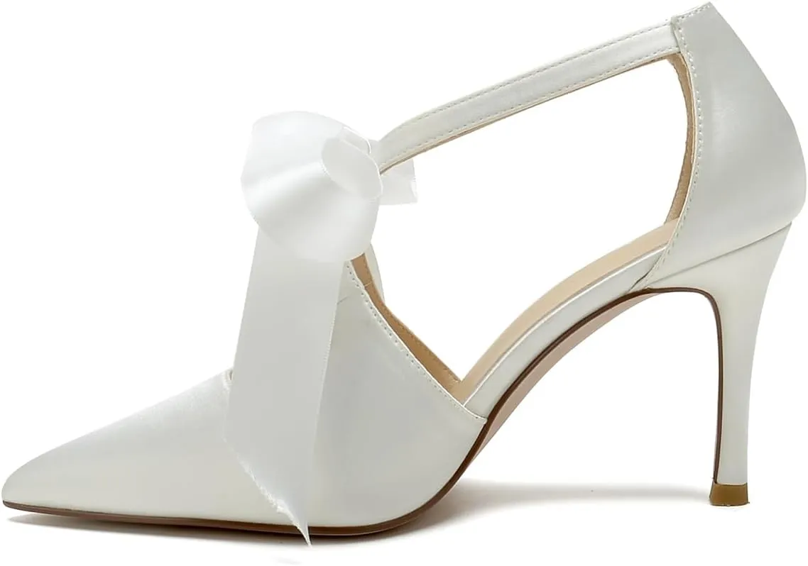 Hyinlays Women's High Heels Satin Pointed Toe Pumps Mary Jane Heels Evening Wedding Party Dress Pump Shoes