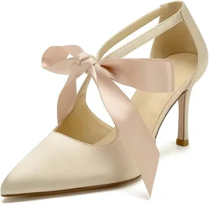 Hyinlays Women's High Heels Satin Pointed Toe Pumps Mary Jane Heels Evening Wedding Party Dress Pump Shoes