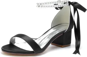 Hyinlays Women's Low Block Heel Wedding Shoes for Bride Open Toe Sandals Chunky Satin Pearl Prom Party Dress Shoes Comfortable Formal Pump Sandals