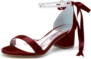 Hyinlays Women's Low Block Heel Wedding Shoes for Bride Open Toe Sandals Chunky Satin Pearl Prom Party Dress Shoes Comfortable Formal Pump Sandals