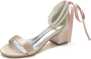 Hyinlays Women's Low Block Heel Wedding Shoes for Bride Open Toe Sandals Chunky Satin Pearl Prom Party Dress Shoes Comfortable Formal Pump Sandals