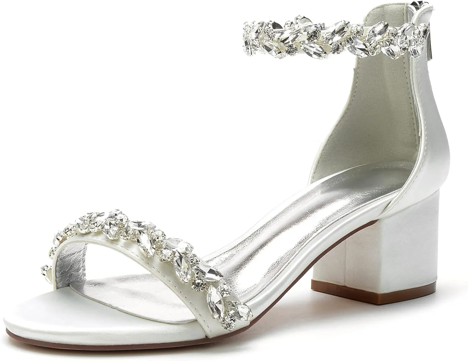 Hyinlays Women's Open Toe Ankle Strap Low Block Chunky Heels Crystal Satin Wedding Sandals Prom Party Dress Pump Shoes