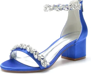 Hyinlays Women's Open Toe Ankle Strap Low Block Chunky Heels Crystal Satin Wedding Sandals Prom Party Dress Pump Shoes