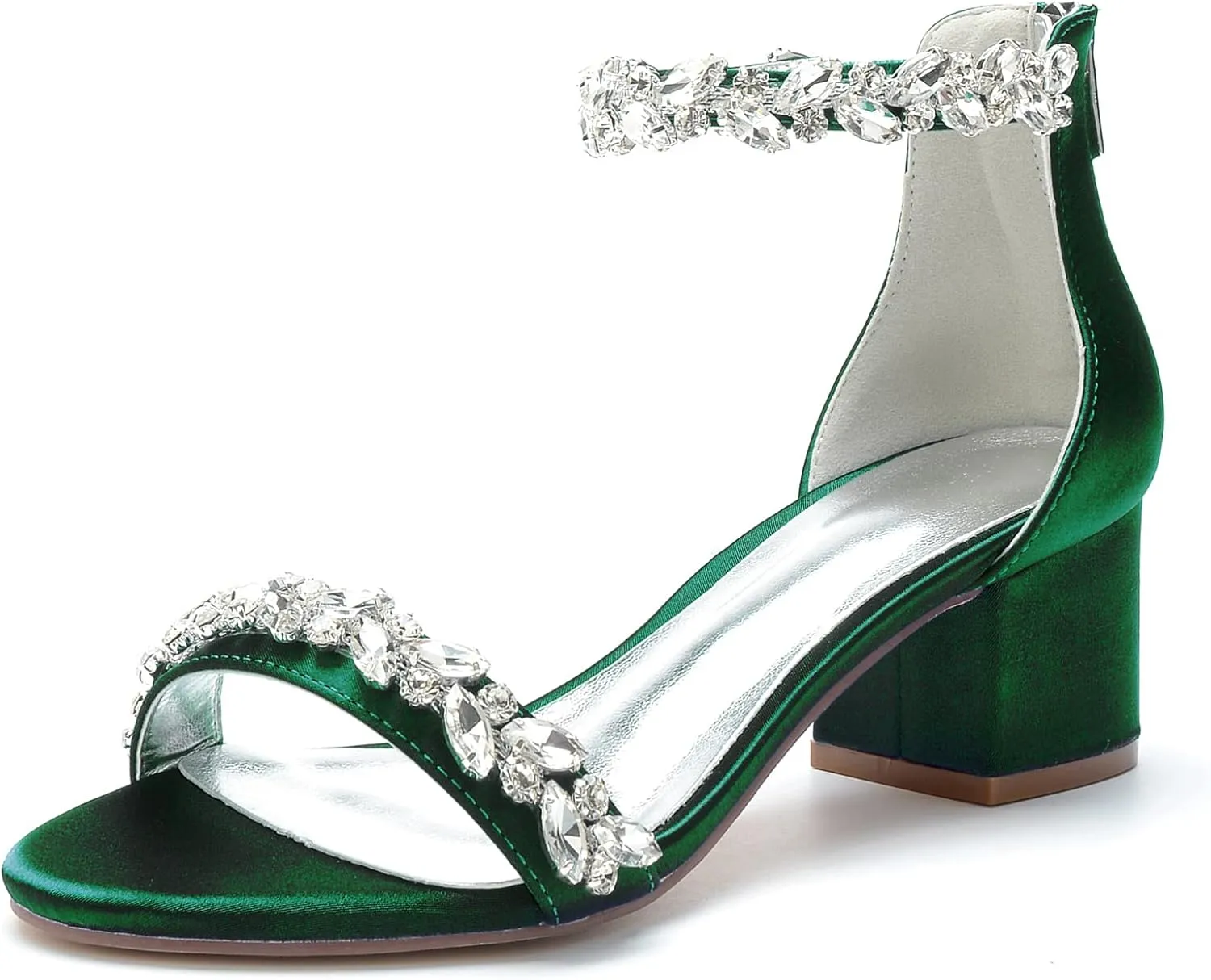 Hyinlays Women's Open Toe Ankle Strap Low Block Chunky Heels Crystal Satin Wedding Sandals Prom Party Dress Pump Shoes