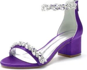 Hyinlays Women's Open Toe Ankle Strap Low Block Chunky Heels Crystal Satin Wedding Sandals Prom Party Dress Pump Shoes