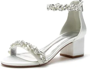 Hyinlays Women's Open Toe Ankle Strap Low Block Chunky Heels Crystal Satin Wedding Sandals Prom Party Dress Pump Shoes