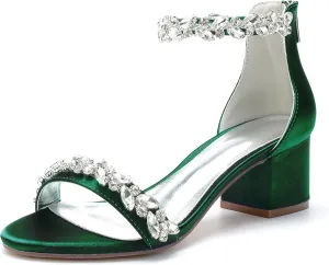 Hyinlays Women's Open Toe Ankle Strap Low Block Chunky Heels Crystal Satin Wedding Sandals Prom Party Dress Pump Shoes
