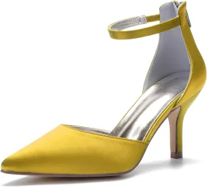 Hyinlays Women's Pointed Toe High Heels Satin Wedding Pumps Ankle Strap Heels Shoes for Bride Prom Party Dress Pump Shoes