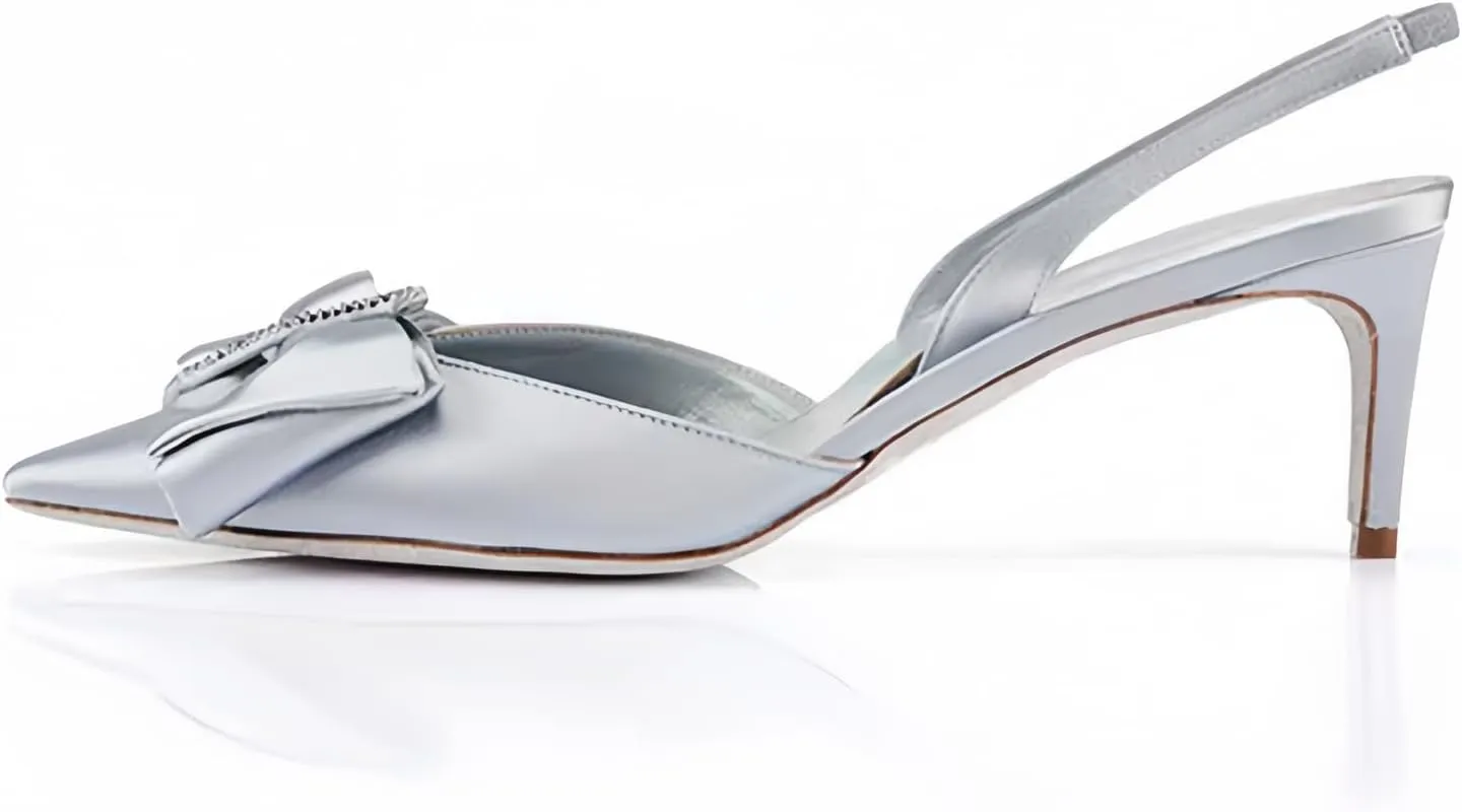 iadore Women's Middle Heel Sandals, 2.4'' Satin Closed Pointed Toe Square Crystal Buckle Bowknot Slip-on Elastic Slingback Pumps Evening Party Dress Shoes
