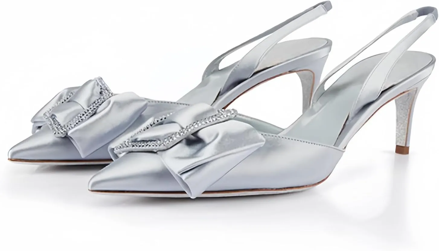 iadore Women's Middle Heel Sandals, 2.4'' Satin Closed Pointed Toe Square Crystal Buckle Bowknot Slip-on Elastic Slingback Pumps Evening Party Dress Shoes