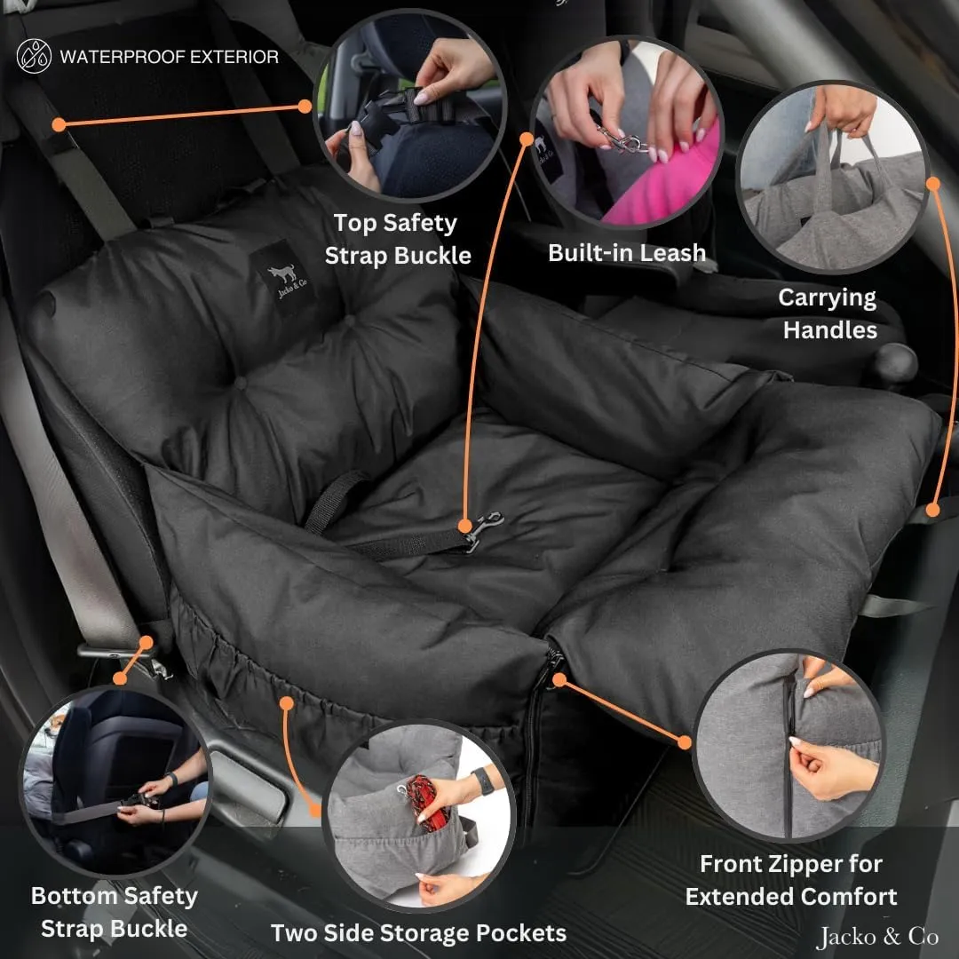 JACKO & CO Premium Dog Car Seat & Booster Seat for Small & Medium Pets Under 30lbs, Puppies, Cats/Travel Carrier Bed & Bag, Clip-On Leash & Storage Pockets, Water Resistant (Black/Small (1-30lbs))