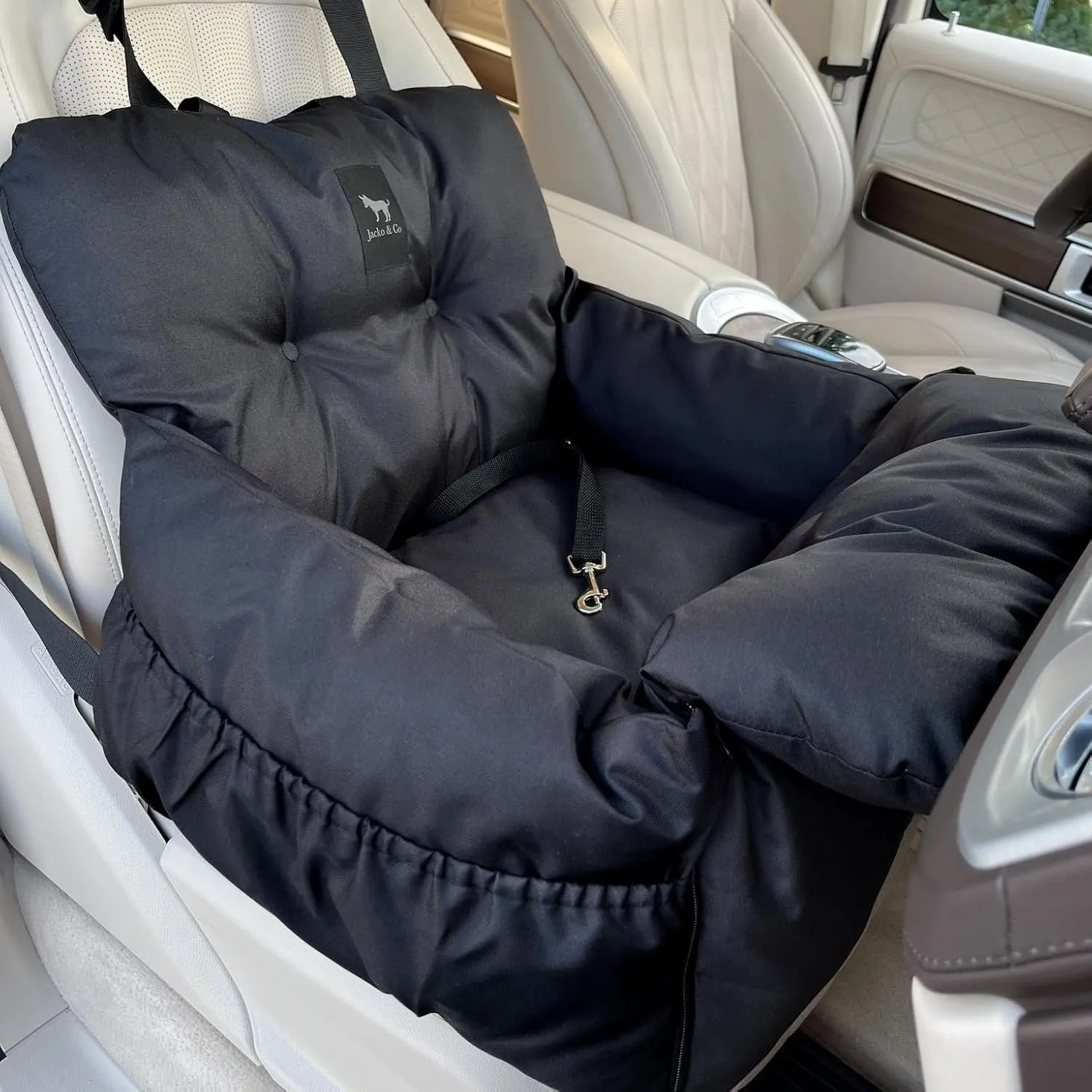 JACKO & CO Premium Dog Car Seat & Booster Seat for Small & Medium Pets Under 30lbs, Puppies, Cats/Travel Carrier Bed & Bag, Clip-On Leash & Storage Pockets, Water Resistant (Black/Small (1-30lbs))