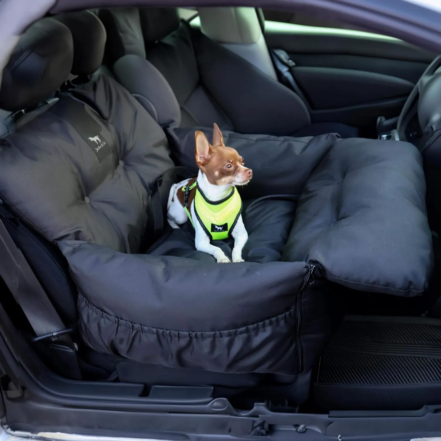 JACKO & CO Premium Dog Car Seat & Booster Seat for Small & Medium Pets Under 30lbs, Puppies, Cats/Travel Carrier Bed & Bag, Clip-On Leash & Storage Pockets, Water Resistant (Black/Small (1-30lbs))