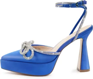 JENN ARDOR Women's Platform Heels Ankle Strap Pumps High Heeled Pointed Toe Stiletto High Heel Sandals Rhinestones Bow Knot Party Prom Dress Pumps Shoes for Women