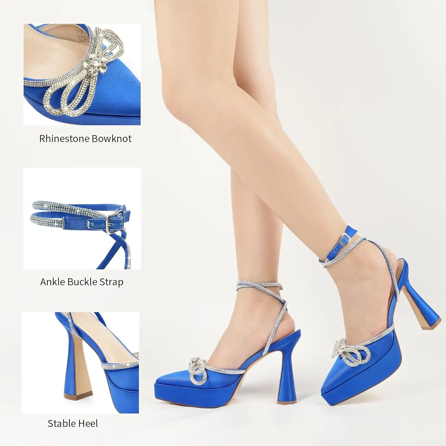 JENN ARDOR Women's Platform Heels Ankle Strap Pumps High Heeled Pointed Toe Stiletto High Heel Sandals Rhinestones Bow Knot Party Prom Dress Pumps Shoes for Women