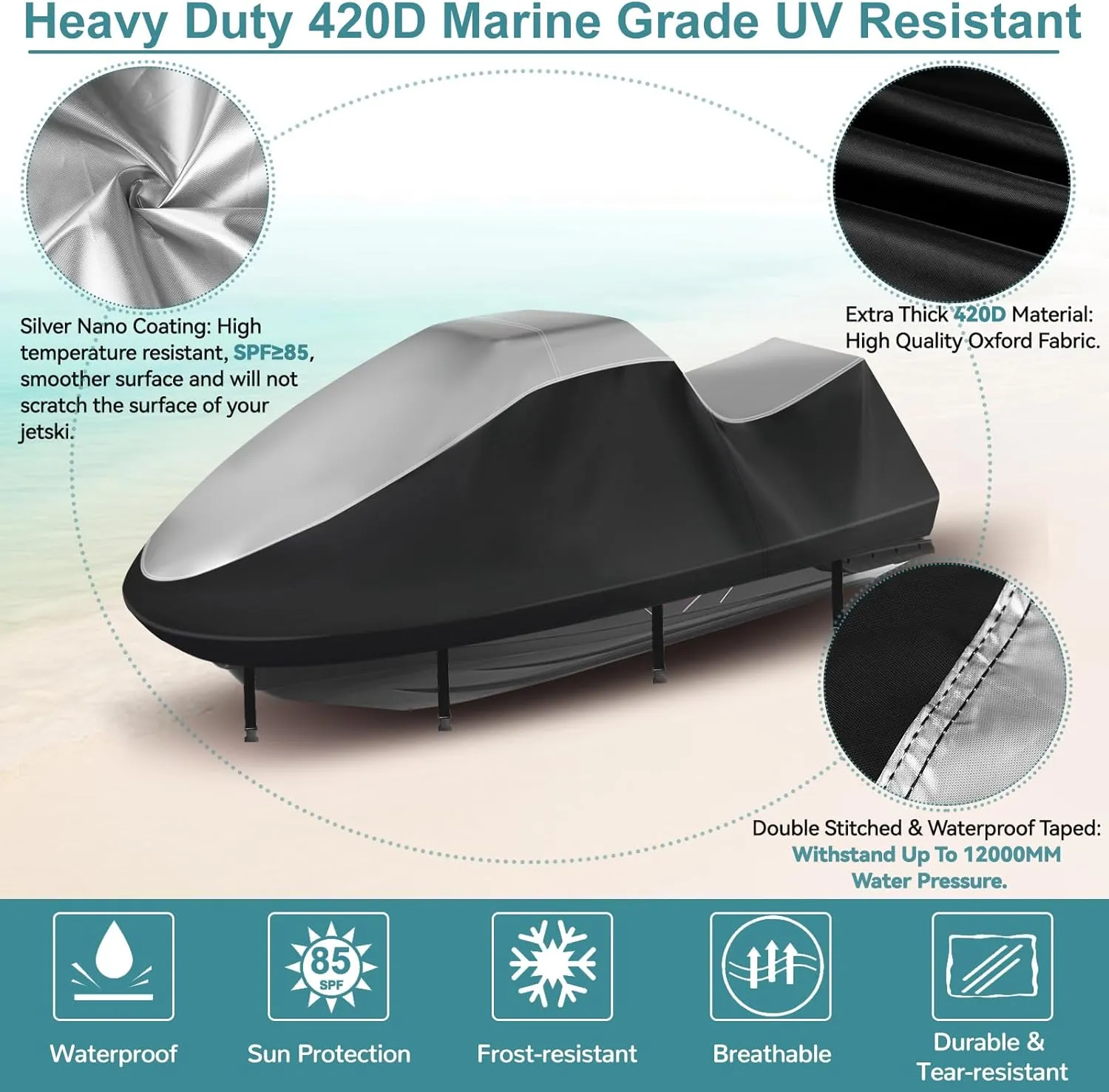 Jet Ski Cover,Durable 420D Jetski Cover 3 Seater Waterproof,Upgraded Waverunner Cover with 2 Air Vents，4 Windproof Buckles,All Weather Universal Cover for Seadoo (Silver-Black, XXXL:136"-145")