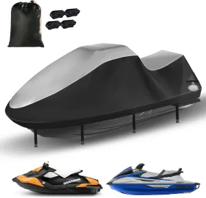 Jet Ski Cover,Durable 420D Jetski Cover 3 Seater Waterproof,Upgraded Waverunner Cover with 2 Air Vents，4 Windproof Buckles,All Weather Universal Cover for Seadoo (Silver-Black, XXXL:136"-145")