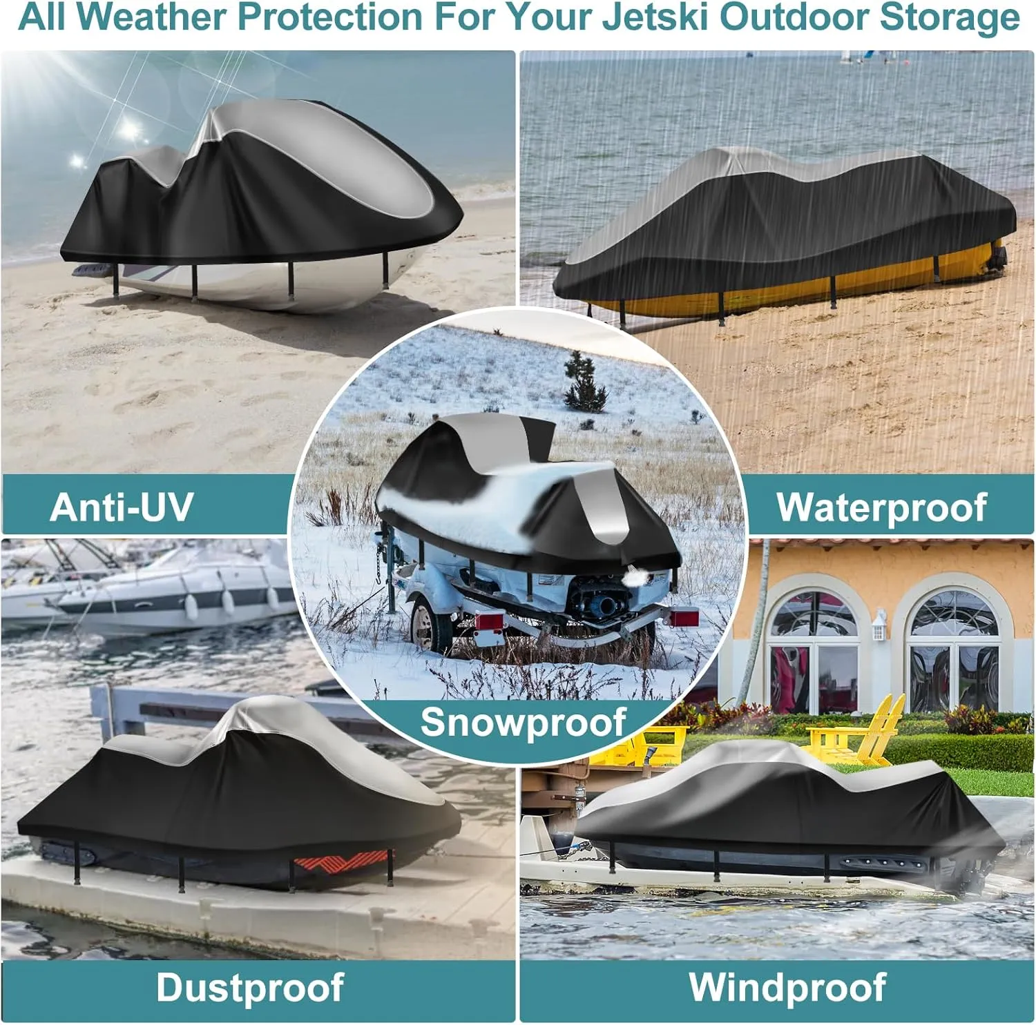 Jet Ski Cover,Durable 420D Jetski Cover 3 Seater Waterproof,Upgraded Waverunner Cover with 2 Air Vents，4 Windproof Buckles,All Weather Universal Cover for Seadoo (Silver-Black, XXXL:136"-145")