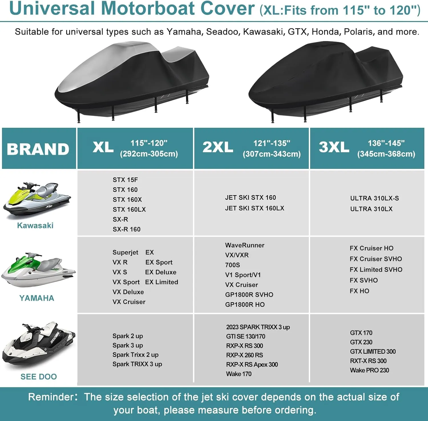 Jet Ski Cover,Durable 420D Jetski Cover 3 Seater Waterproof,Upgraded Waverunner Cover with 2 Air Vents，4 Windproof Buckles,All Weather Universal Cover for Seadoo (Silver-Black, XXXL:136"-145")
