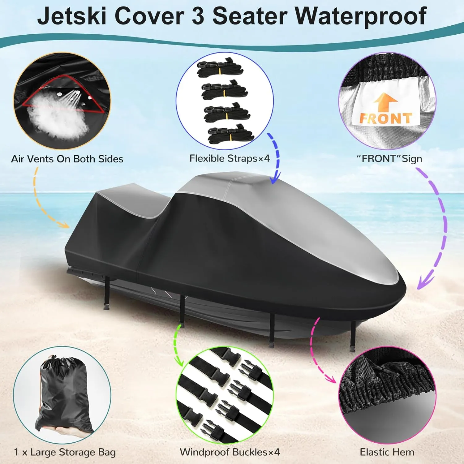 Jet Ski Cover,Durable 420D Jetski Cover 3 Seater Waterproof,Upgraded Waverunner Cover with 2 Air Vents，4 Windproof Buckles,All Weather Universal Cover for Seadoo (Silver-Black, XXXL:136"-145")