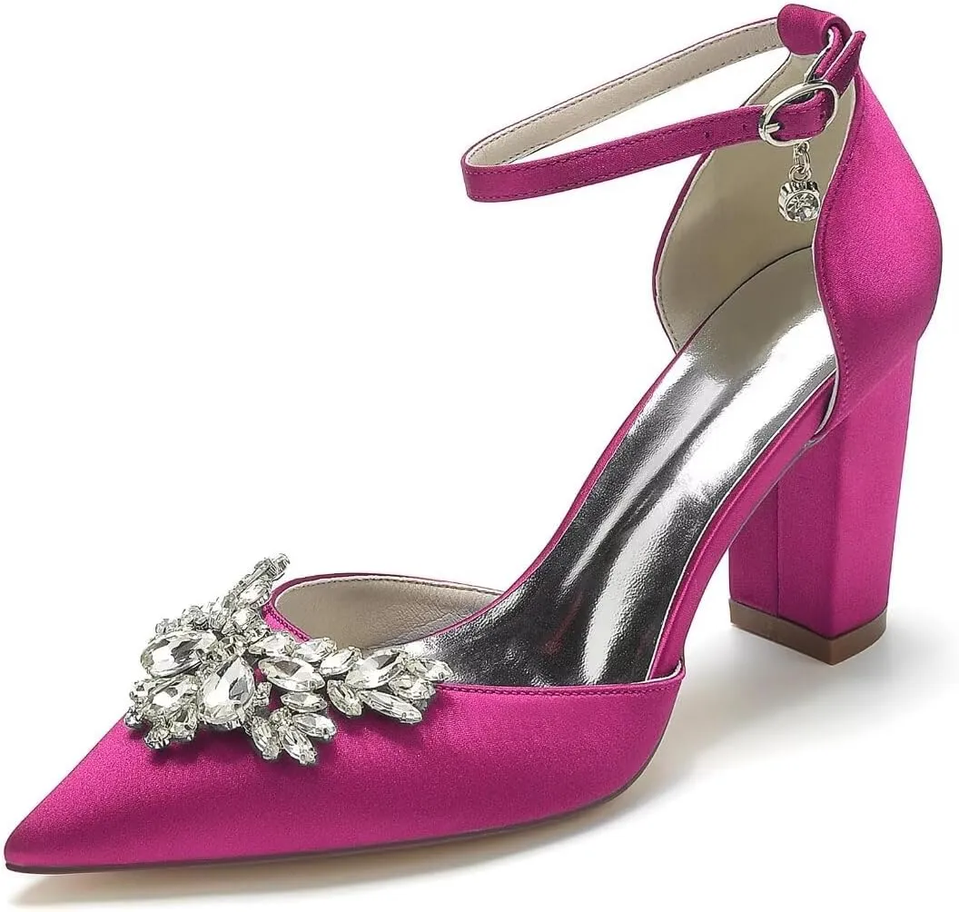 JOEupin Women's Crystal Block Heel Sandals Ankle Strap Bridal Wedding Dress Shoes High Heel Evening Pump Sandals