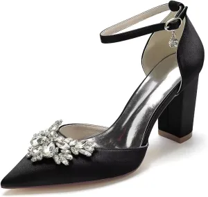 JOEupin Women's Crystal Block Heel Sandals Ankle Strap Bridal Wedding Dress Shoes High Heel Evening Pump Sandals