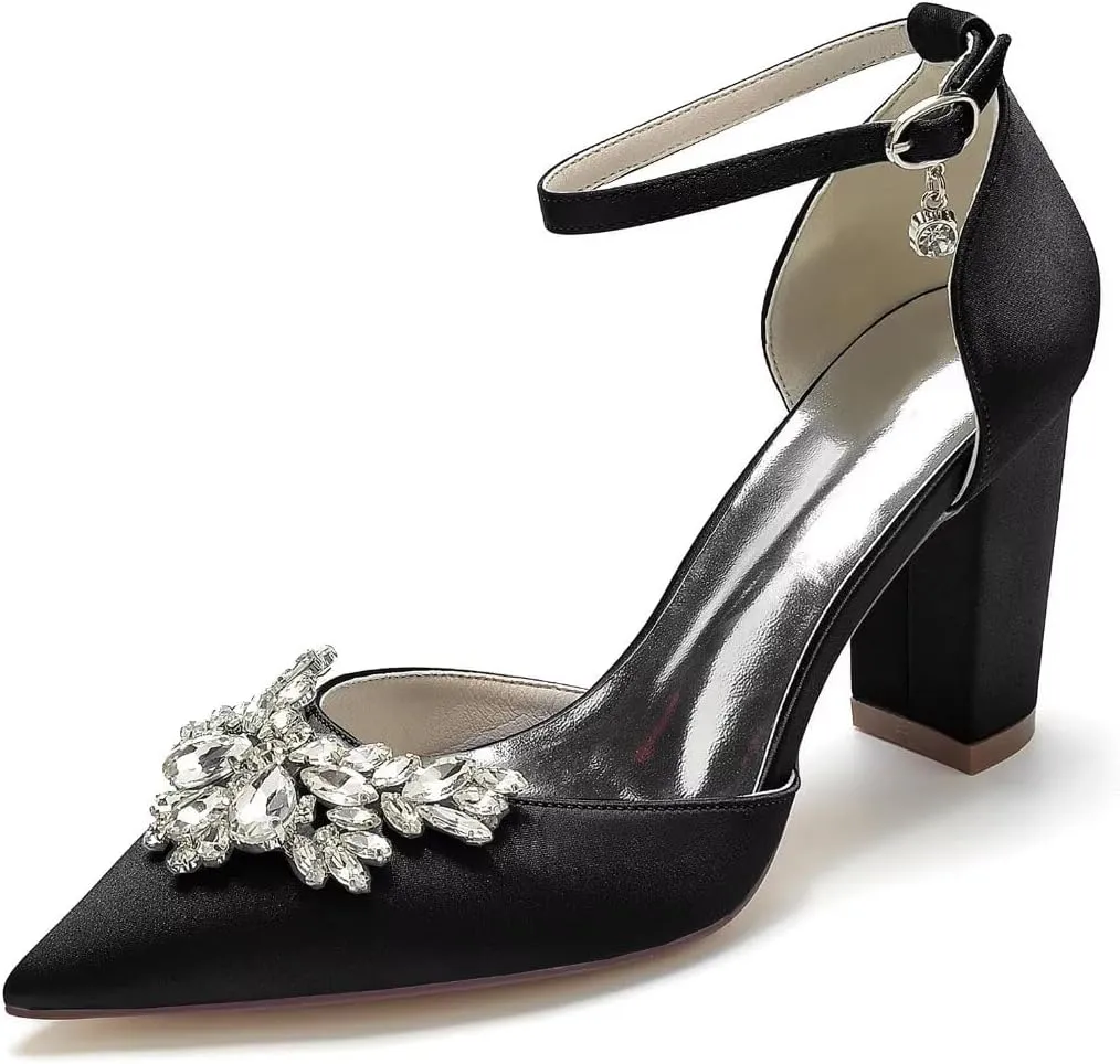JOEupin Women's Crystal Block Heel Sandals Ankle Strap Bridal Wedding Dress Shoes High Heel Evening Pump Sandals