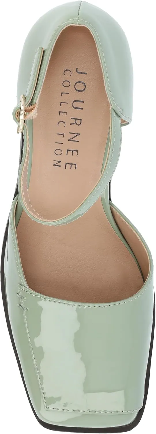 Journee Collection Womens Buckle Strap Open Square Toe Chunky Stacked Block Heel Evangeline Comfort Foam Pumps