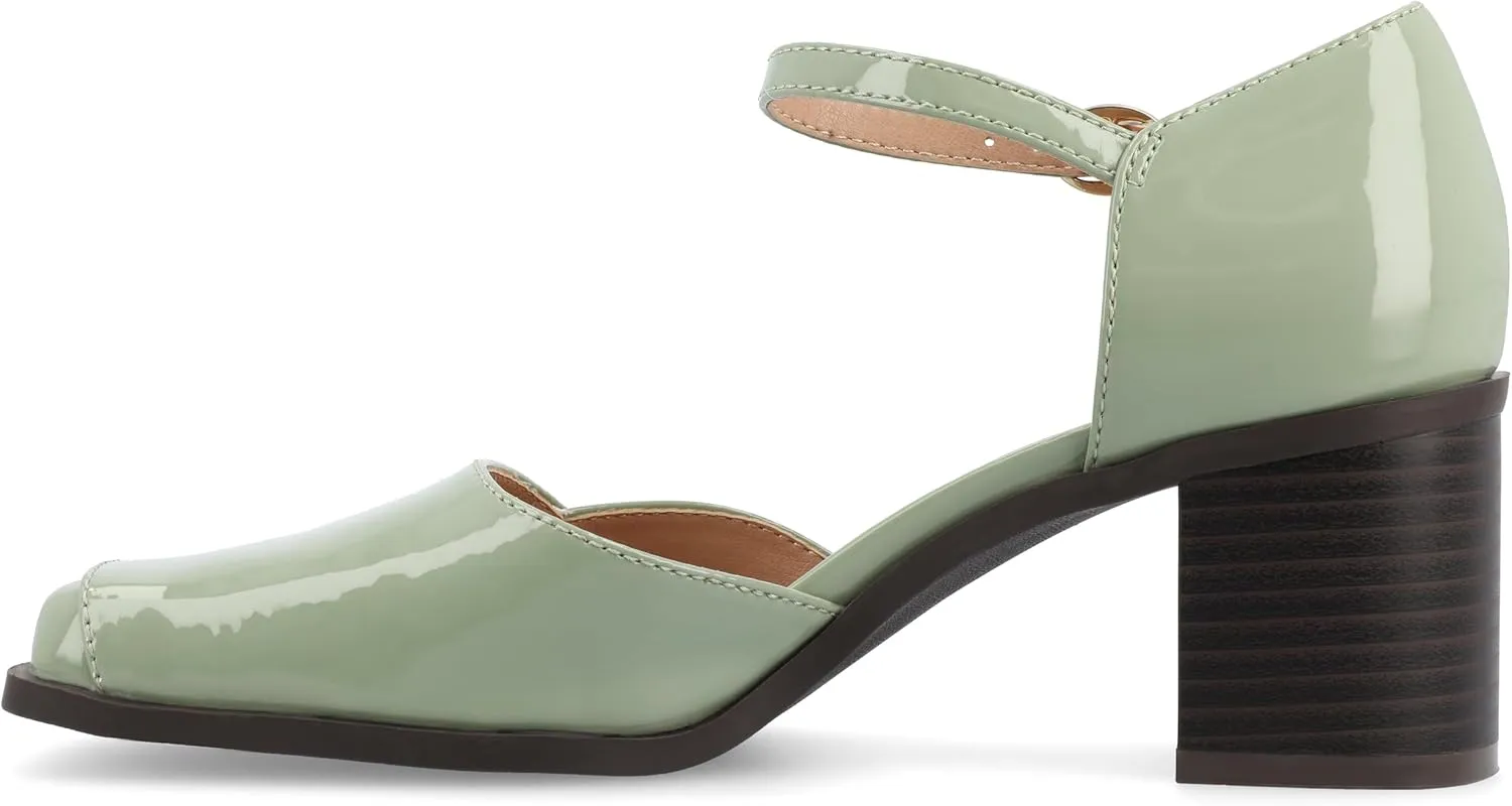 Journee Collection Womens Buckle Strap Open Square Toe Chunky Stacked Block Heel Evangeline Comfort Foam Pumps