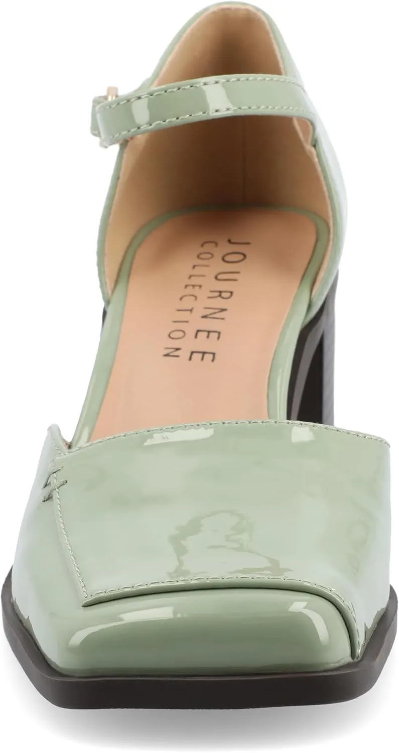 Journee Collection Womens Buckle Strap Open Square Toe Chunky Stacked Block Heel Evangeline Comfort Foam Pumps