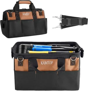 Kamtop Tool Bag 14 inch - Wide Mouth Heavy Duty Tool Bag with Non-slip Shoulder Strap, Tool Storage Bag with 14 Pockets, Tool Organizer Bag for Carpenter, Mechanic, Plumber, Electrician