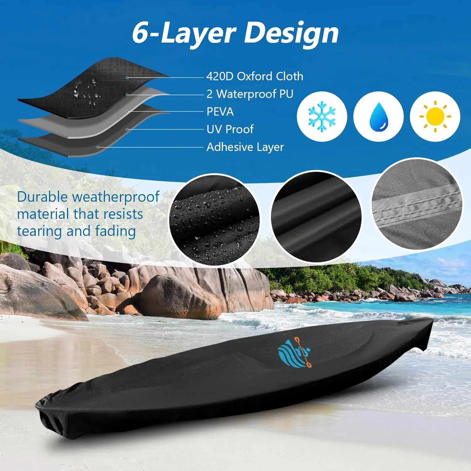 Kayak Cover 500D Waterproof UV Protection and Dust Resistant Heavy Duty Full Canoe Cover for Indoor/Outdoor Kayak/Canoe/Paddle Board with Storage Bag